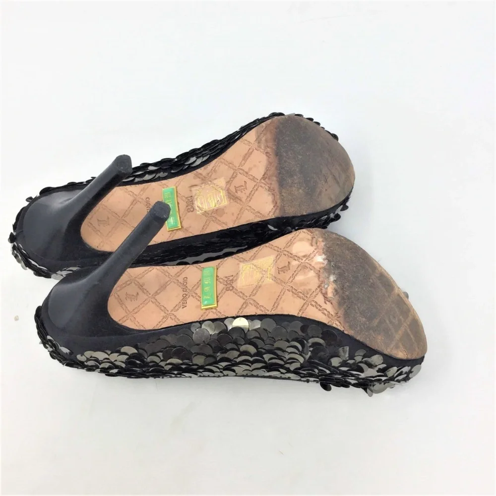 LAMB Sequin Heels Gold Peep Toe Platform Pumps 8.5